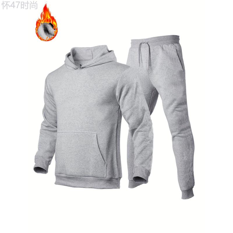 Men's Solid 2Pcs Outfits, Casual Hoodies Long Sleeve Sweatshirt And Sweatpants Joggers Set For Winter Fall, Men's Clothing Fabric Menswear