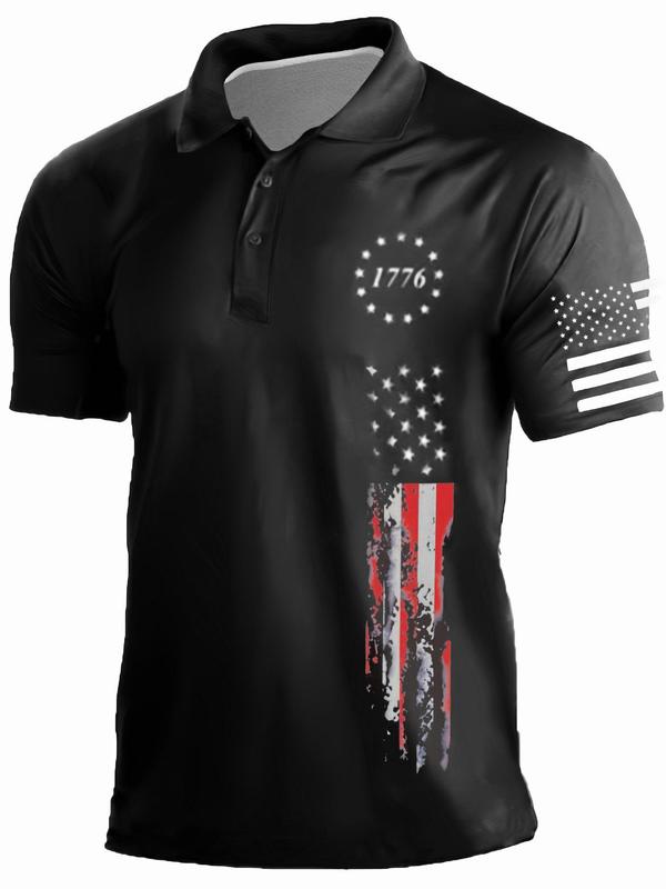 Men's Star & Stripe Print Polo Shirt, Regular Fit Short Sleeve Button Front Top, Casual Comfy Knitting Top for Daily Outdoor Wear