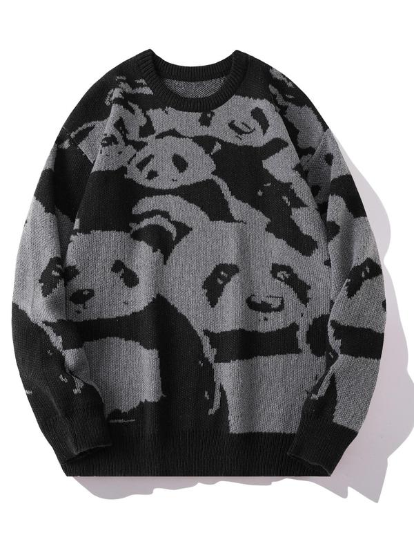 Unisex Men's Colorblock Panda Print Round Neck Sweater, Regular Fit Casual Drop Shoulder Long Sleeve Pullover, Fall Sweaters, Winter Knitwear Top for Men