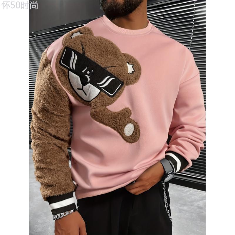 1pc Men'S Casual Cartoon Bear Embroidery Sweatshirt, Polyester Knit Pullover with Round Neck and Regular Fit Collar Fabric