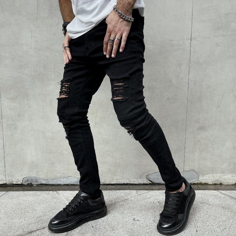 Men Stylish Ripped Stretch Skinny Biker Jeans Male HipHop Style Black Holes Pencil Denim Pants For Men's jean Trousers