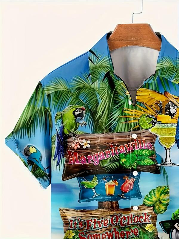 Men's Parrot & Letter Print Button Front Shirt, Regular Fit Casual Tropical Print Short Sleeve Collar Top for Beach Vacation, Fashion Men's Clothes for All Seasons