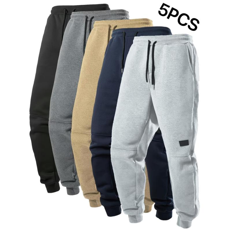 5pcs Fleece Lined Men's Solid Jogger Sweatpants With Drawstring, Casual Warm Sporty Trousers