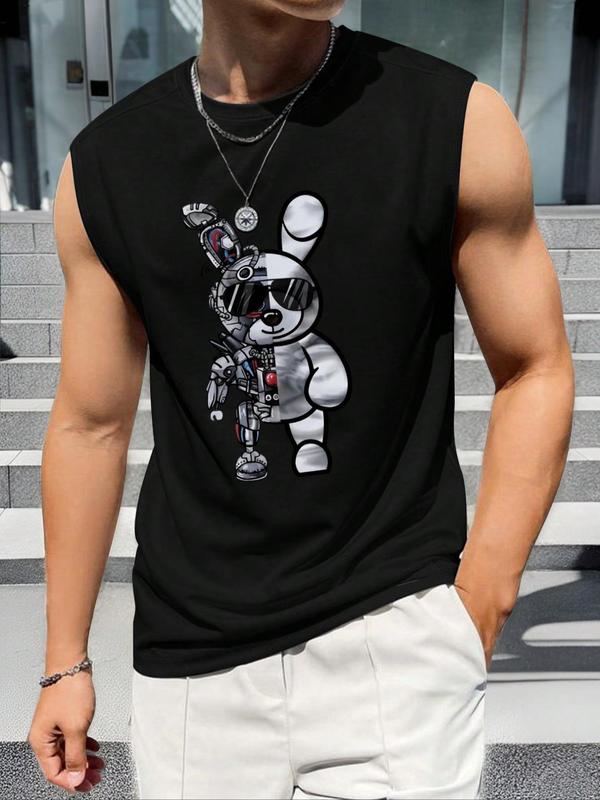 Men's Cartoon Bear Print Round Neck Tank Top, Regular Fit Casual Sleeveless Crew Neck Top for Summer, Fashion Men's Clothes for Daily Wear, Going Out Tops, Going Out College Tops, 2000s Tops