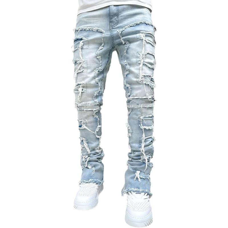 Men's Slim Fit Stretch Jeans Distressed Patchwork Stacked Frayed Straight Leg Skinny Denim Pants