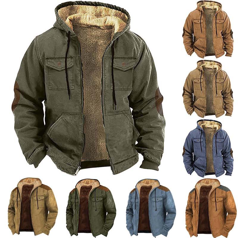 Male Winter Plush Lining Solid Color Combination Hooded Sweater With Brown Pocket Cotton Jacket Loose Warm Thick Coat For Men