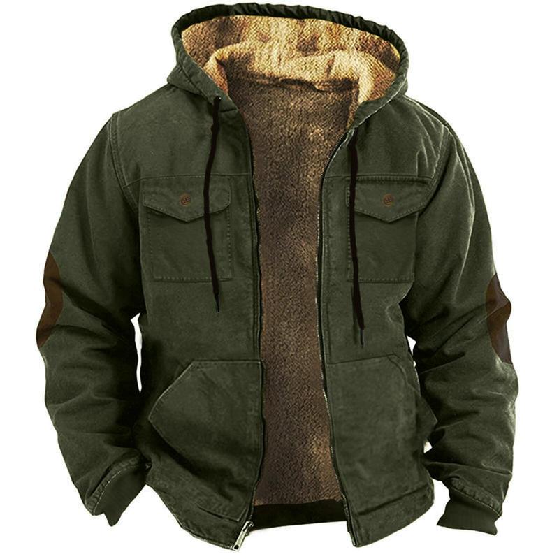 Male Winter Plush Lining Solid Color Combination Hooded Sweater With Brown Pocket Cotton Jacket Loose Warm Thick Coat For Men