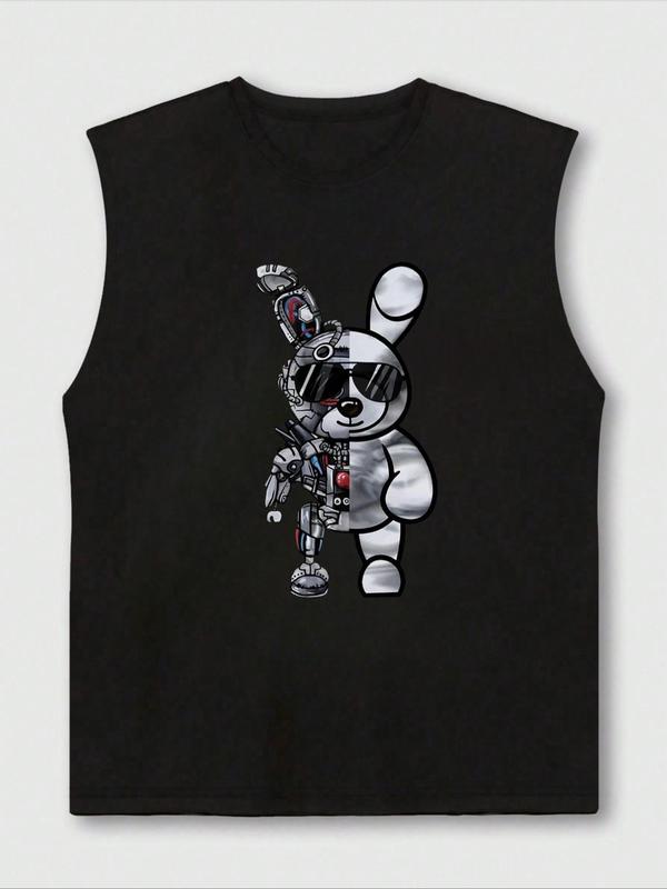 Men's Cartoon Bear Print Round Neck Tank Top, Regular Fit Casual Sleeveless Crew Neck Top for Summer, Fashion Men's Clothes for Daily Wear, Going Out Tops, Going Out College Tops, 2000s Tops