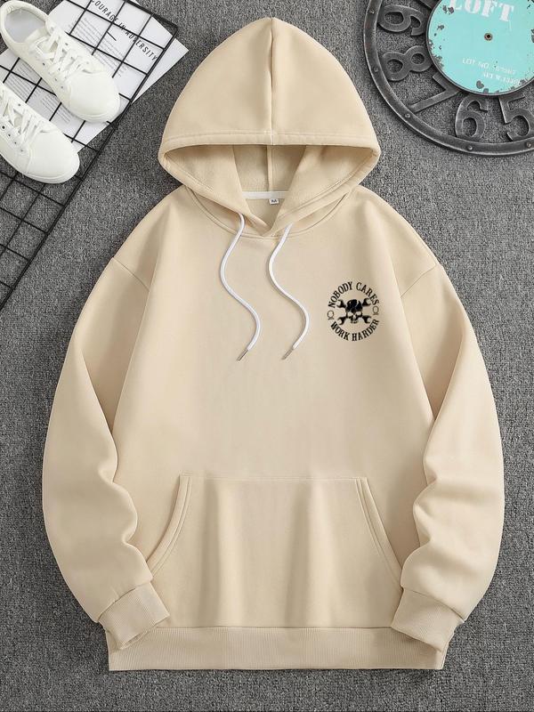 Men's Skull & Letter Print Drop Shoulder Hoodie, Fashion Casual Loose Drawstring Pocket Hooded Sweatshirt for Daily Holiday Outdoor Wear, Men Clothes for Fall & Winter