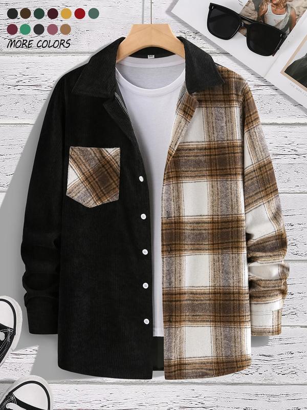 Men's Patchwork Plaid Print Button Front Pocket Shirt, Regular Fit Casual Long Sleeve Collared Top for Fall & Winter, Men's Clothes for Daily Wear