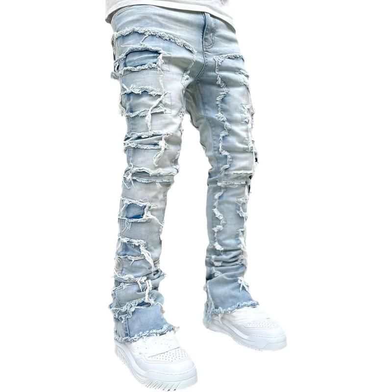 Men's Slim Fit Stretch Jeans Distressed Patchwork Stacked Frayed Straight Leg Skinny Denim Pants