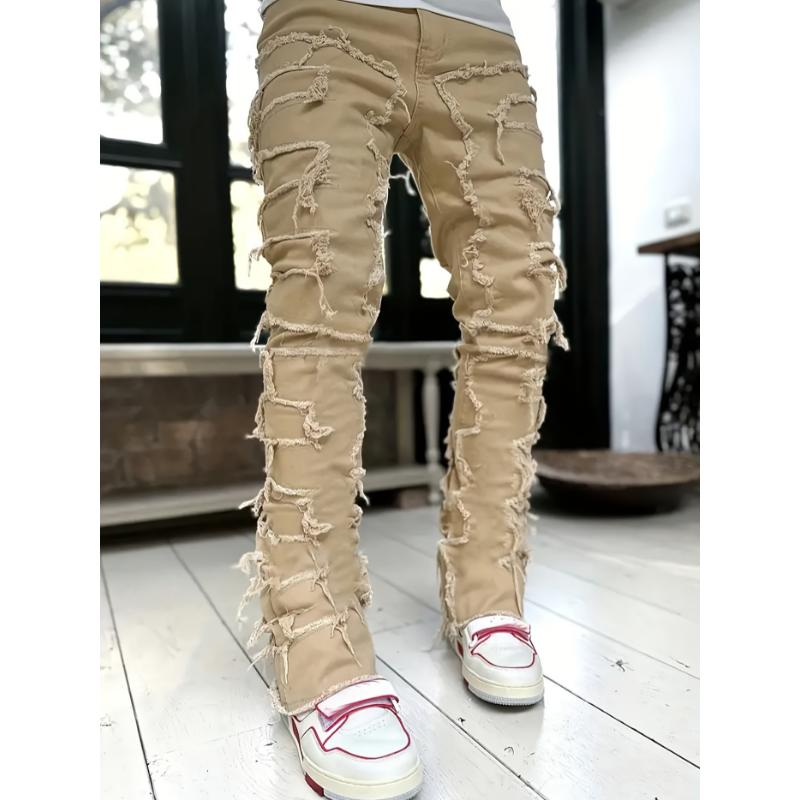 Y2k Hip Hop Style Raw Trim Jeans, Men's Casual Street Style Stretch Denim Pants Menswear Spandex