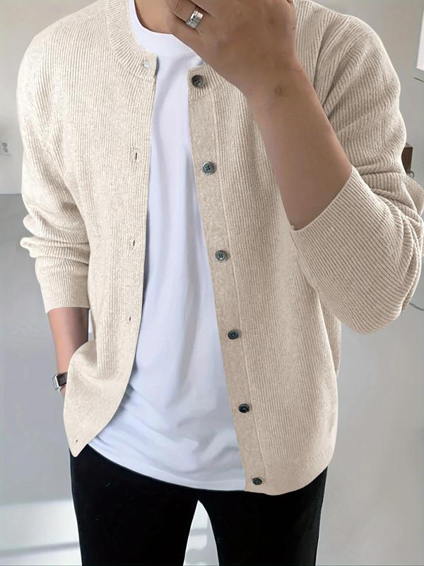 Men's Solid Button Front Cardigan, Regular Fit Casual Long Sleeve Round Neck Knitwear for Daily Wear, Men's Knit Clothing for All Seasons