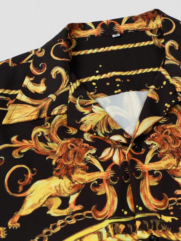 Men's Baroque Print Button Front Shirt, Loose Casual Lion Print Short Sleeve Collar Top for Summer, Men's Clothes for Daily Wear