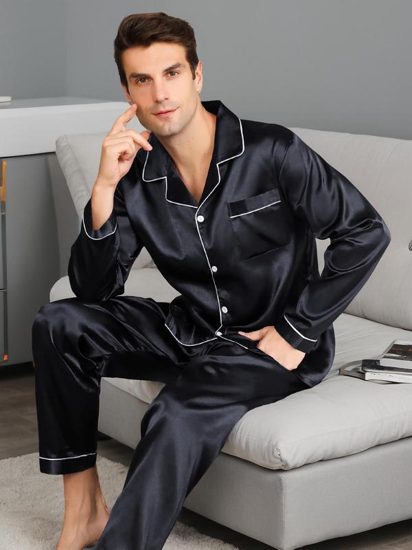 Two-piece Set Men's Plain Silk Cloth Pyjama Set, Men's Nightwear, Casual Lapel Button Front Shirt & Elastic Waist Pants, Lounge Sets, Men's Loungewear Set for Spring & Fall, Summer Sleepwear