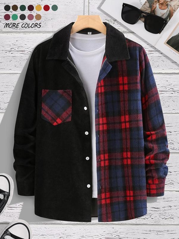 Men's Patchwork Plaid Print Button Front Pocket Shirt, Regular Fit Casual Long Sleeve Collared Top for Fall & Winter, Men's Clothes for Daily Wear