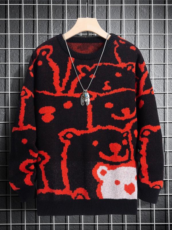 Unisex Cartoon Bear Print Drop Shoulder Sweater for Men & Women, Regular Fit Casual Long Sleeve Round Neck Jumper for Fall & Winter, Men's Knitwear for Daily Wear, Menswear