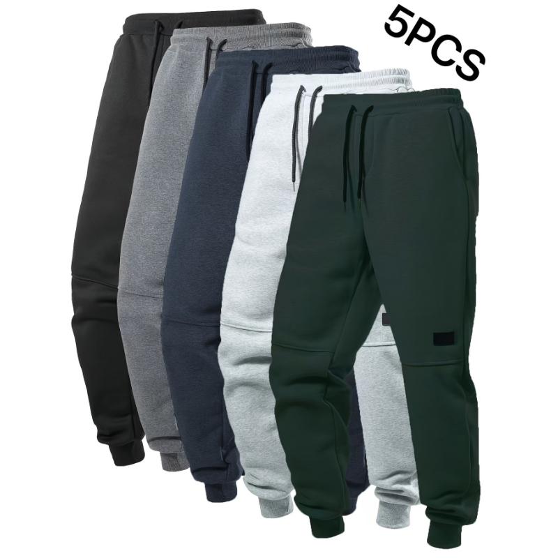 5pcs Fleece Lined Men's Solid Jogger Sweatpants With Drawstring, Casual Warm Sporty Trousers