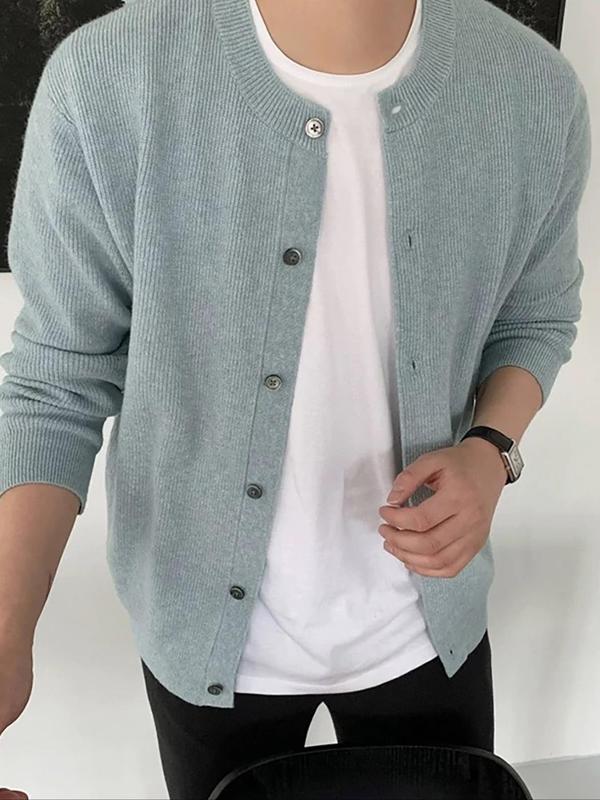 Men's Solid Button Front Cardigan, Regular Fit Casual Long Sleeve Round Neck Knitwear for Daily Wear, Men's Knit Clothing for All Seasons