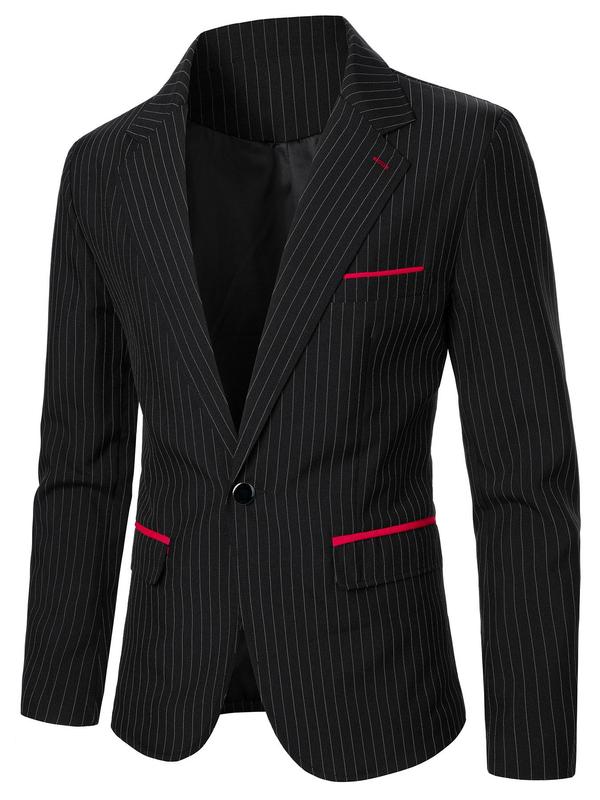 Men's Striped Print Button Closure Blazer, Regular Fit Long Sleeve Lapel Blazer for Business Office Formal Occasions, Men's Clothing for All Seasons