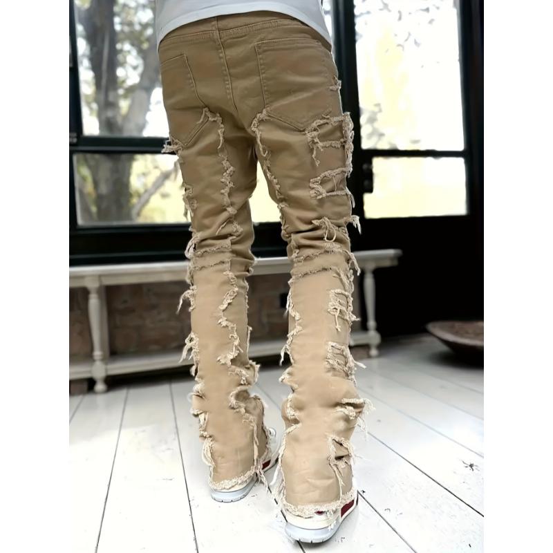 Y2k Hip Hop Style Raw Trim Jeans, Men's Casual Street Style Stretch Denim Pants Menswear Spandex