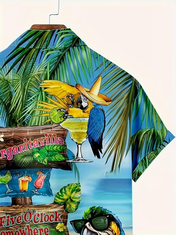 Men's Parrot & Letter Print Button Front Shirt, Regular Fit Casual Tropical Print Short Sleeve Collar Top for Beach Vacation, Fashion Men's Clothes for All Seasons