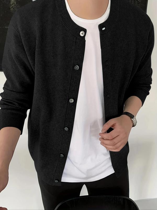 Men's Solid Button Front Cardigan, Regular Fit Casual Long Sleeve Round Neck Knitwear for Daily Wear, Men's Knit Clothing for All Seasons