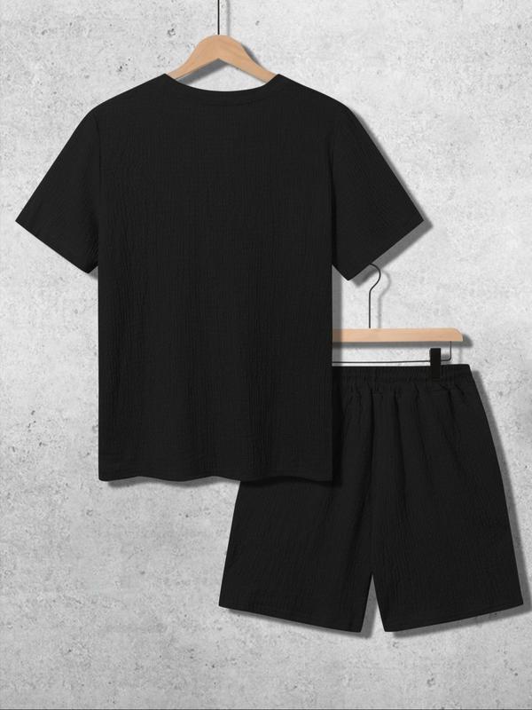 Two-piece Set Men's Solid Textured Tee & Drawstring Waist Shorts Pyjama Set, Regular Fit Crew Neck Short Sleeve T-shirt & Shorts Pjs Set, Fall Wear 2024, Casual Comfy Men's Sleepwear & Loungewear, Fall Wear, Earthtone Fallfreshness, Fall Wear