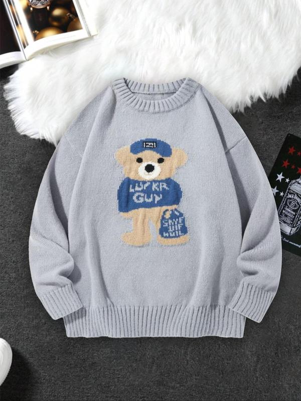 Men's Cartoon Bear Print Drop Shoulder Sweater, Regular Fit Casual Long Sleeve Round Neck Jumper for Fall & Winter, Fashion Men's Knitwear for Daily Wear