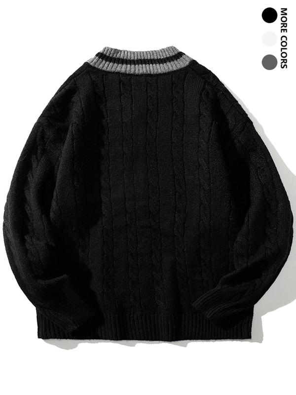 Men's Contrast Binding Drop Shoulder Cable Knit Sweater, Loose Casual Long Sleeve V Neck Jumper for Fall & Winter, Men's Knitwear for Daily Wear