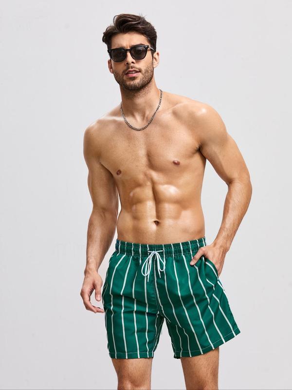 Men's Striped Print Drawstring Waist Shorts, Regular Fit Casual Pocket Beach Shorts, Summer Shorts for Men