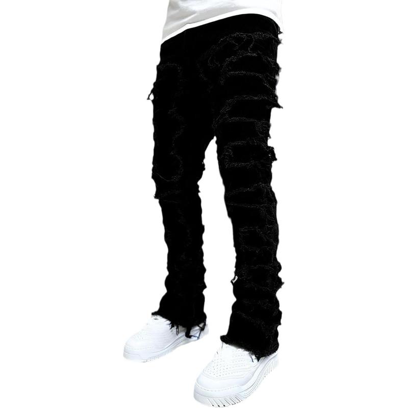 Men's Slim Fit Stretch Jeans Distressed Patchwork Stacked Frayed Straight Leg Skinny Denim Pants