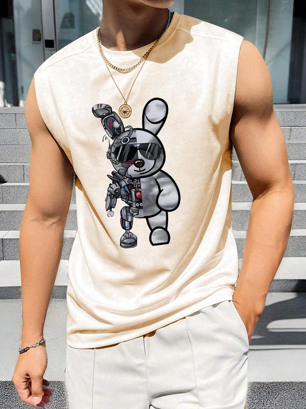 Men's Cartoon Bear Print Round Neck Tank Top, Regular Fit Casual Sleeveless Crew Neck Top for Summer, Fashion Men's Clothes for Daily Wear, Going Out Tops, Going Out College Tops, 2000s Tops