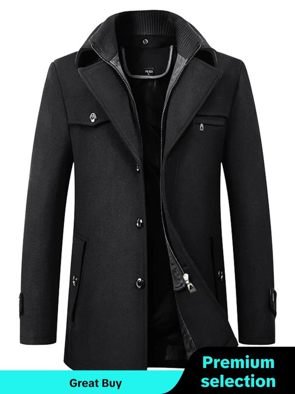 Men's Solid Button Zipper Pocket Coat, Regular Fit Casual Long Sleeve Collared Outerwear for Fall & Winter, Men's Clothes for Daily Wear