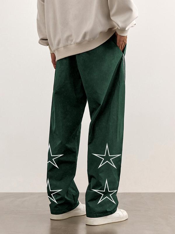 Men's Star Pattern Pocket Drawstring Waist Straight Leg Pants, Back To School Outfits, Mens Clothing, Casual Street Letter Patched Contrast Binding Trousers for Daily Wear, Summer Pants, Mens Bottoms Clothes for All Seasons