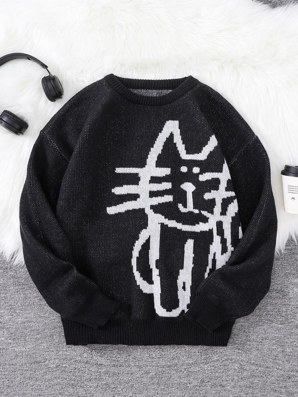 Men's Cartoon Cat Print Drop Shoulder Sweater, Regular Fit Casual Long Sleeve Round Neck Jumper for Fall & Winter, Fashion Men's Knitwear for Daily Wear Graphic Sweater