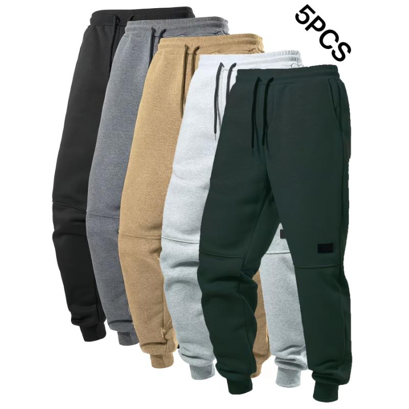 5pcs Fleece Lined Men's Solid Jogger Sweatpants With Drawstring, Casual Warm Sporty Trousers