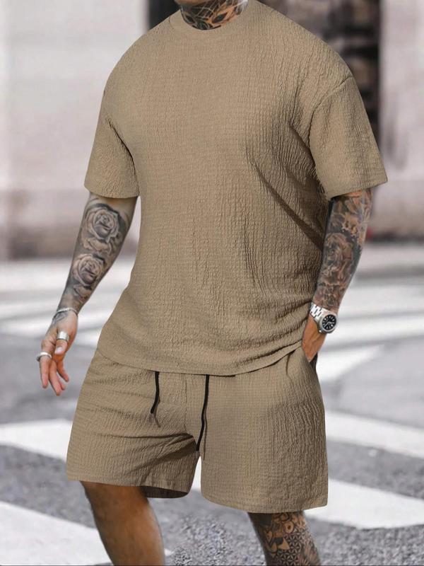 Two-piece Set Men's Solid Textured Tee & Drawstring Waist Shorts Pyjama Set, Regular Fit Crew Neck Short Sleeve T-shirt & Shorts Pjs Set, Fall Wear 2024, Casual Comfy Men's Sleepwear & Loungewear, Fall Wear, Earthtone Fallfreshness, Fall Wear