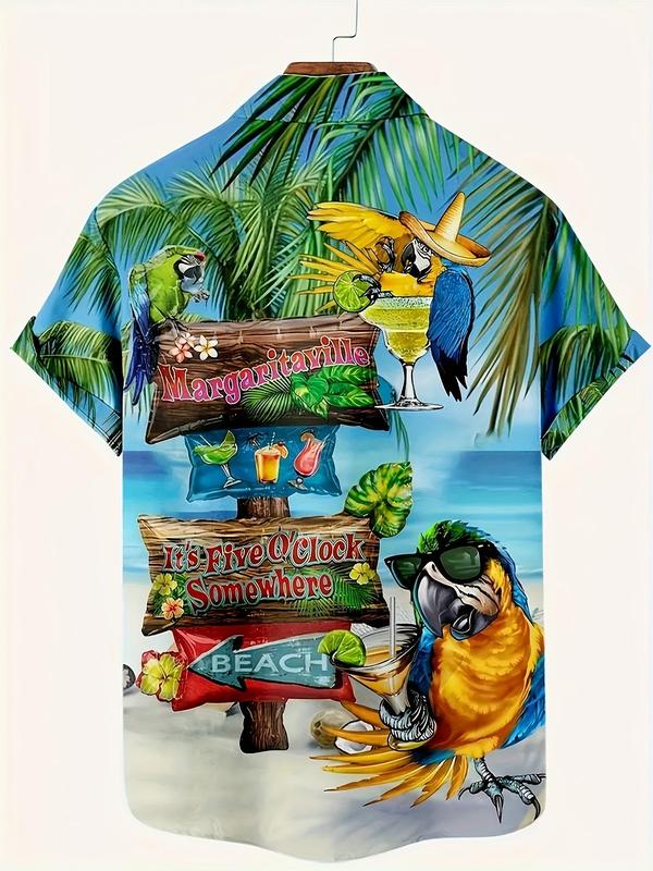 Men's Parrot & Letter Print Button Front Shirt, Regular Fit Casual Tropical Print Short Sleeve Collar Top for Beach Vacation, Fashion Men's Clothes for All Seasons