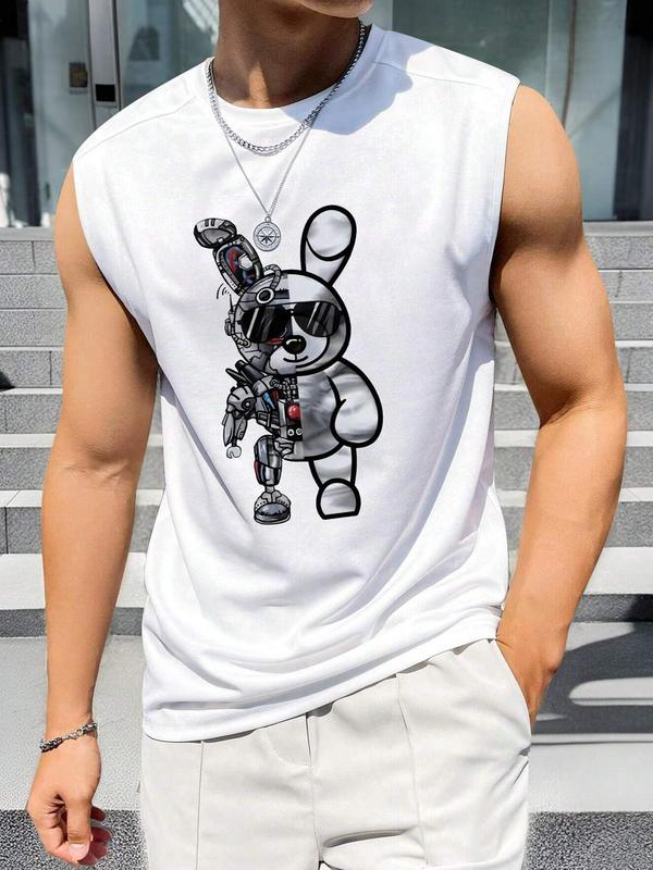 Men's Cartoon Bear Print Round Neck Tank Top, Regular Fit Casual Sleeveless Crew Neck Top for Summer, Fashion Men's Clothes for Daily Wear, Going Out Tops, Going Out College Tops, 2000s Tops