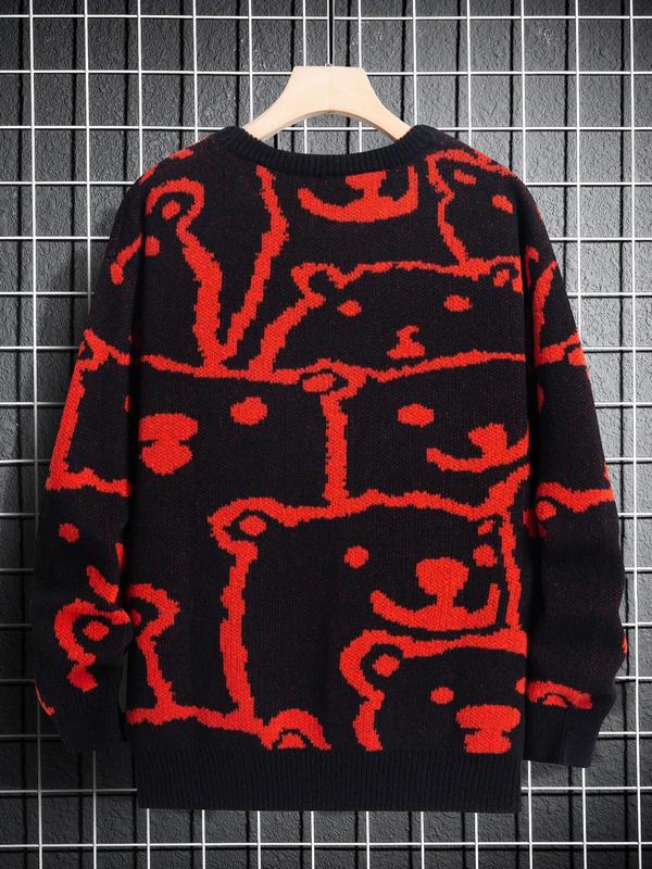 Unisex Cartoon Bear Print Drop Shoulder Sweater for Men & Women, Regular Fit Casual Long Sleeve Round Neck Jumper for Fall & Winter, Men's Knitwear for Daily Wear, Menswear