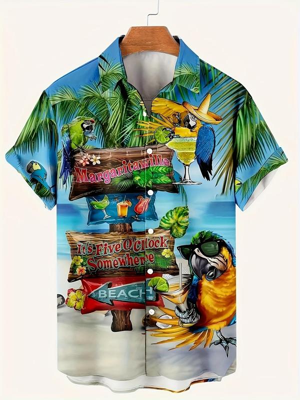 Men's Parrot & Letter Print Button Front Shirt, Regular Fit Casual Tropical Print Short Sleeve Collar Top for Beach Vacation, Fashion Men's Clothes for All Seasons