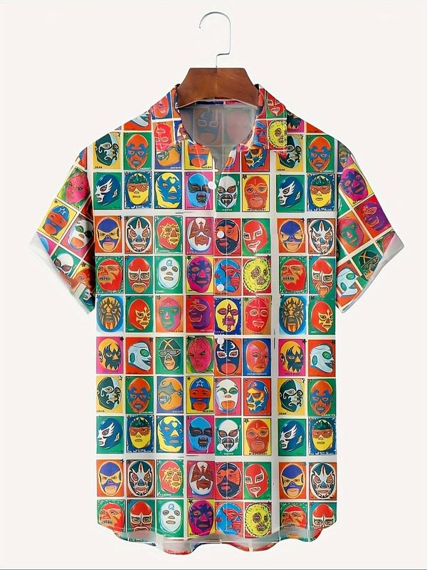 Men's Patchwork Luchador Print Button Front Shirt, Casual Short Sleeve Collared Top for Summer, Fashion Men's Regular Fit Top for Daily Wear