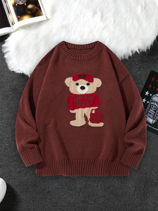 Men's Cartoon Bear Print Drop Shoulder Sweater, Regular Fit Casual Long Sleeve Round Neck Jumper for Fall & Winter, Fashion Men's Knitwear for Daily Wear