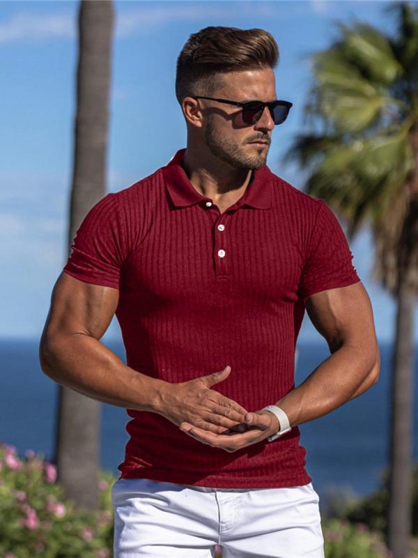 Men's Striped Print Ribbed Polo Shirt, Casual Short Sleeve Collared Top for Summer, Fashion Men's Clothes for Daily Wear