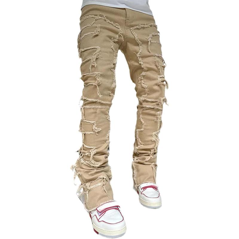 Men's Slim Fit Stretch Jeans Distressed Patchwork Stacked Frayed Straight Leg Skinny Denim Pants