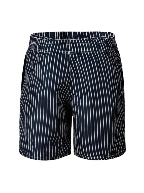 Men's Striped Print Drawstring Waist Shorts, Regular Fit Casual Pocket Beach Shorts, Summer Shorts for Men