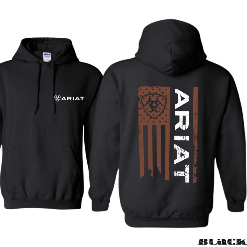 Ariat Hoodie - Bold American Flag Design with Iconic Logo, Perfect for Western Wear Enthusiasts and Outdoor Style, Suitable for Men and Women - Menswear, Tops