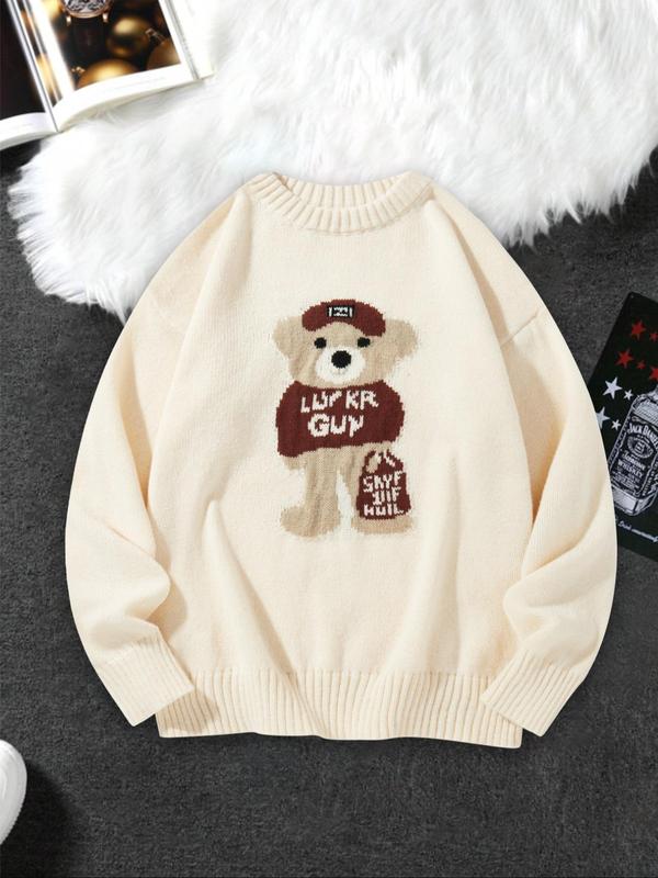 Men's Cartoon Bear Print Drop Shoulder Sweater, Regular Fit Casual Long Sleeve Round Neck Jumper for Fall & Winter, Fashion Men's Knitwear for Daily Wear