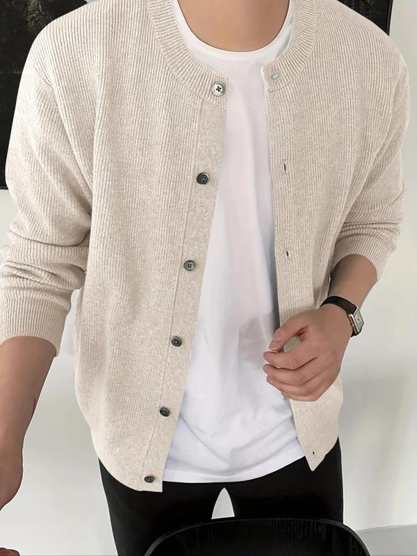 Men's Solid Button Front Cardigan, Regular Fit Casual Long Sleeve Round Neck Knitwear for Daily Wear, Men's Knit Clothing for All Seasons